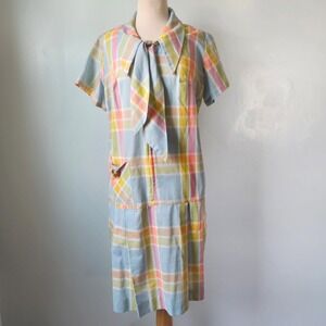 Vtg 60s Glenbrooke Penn-Prest Pastel Plaid House Dress Zip Blue Pink Yellow L